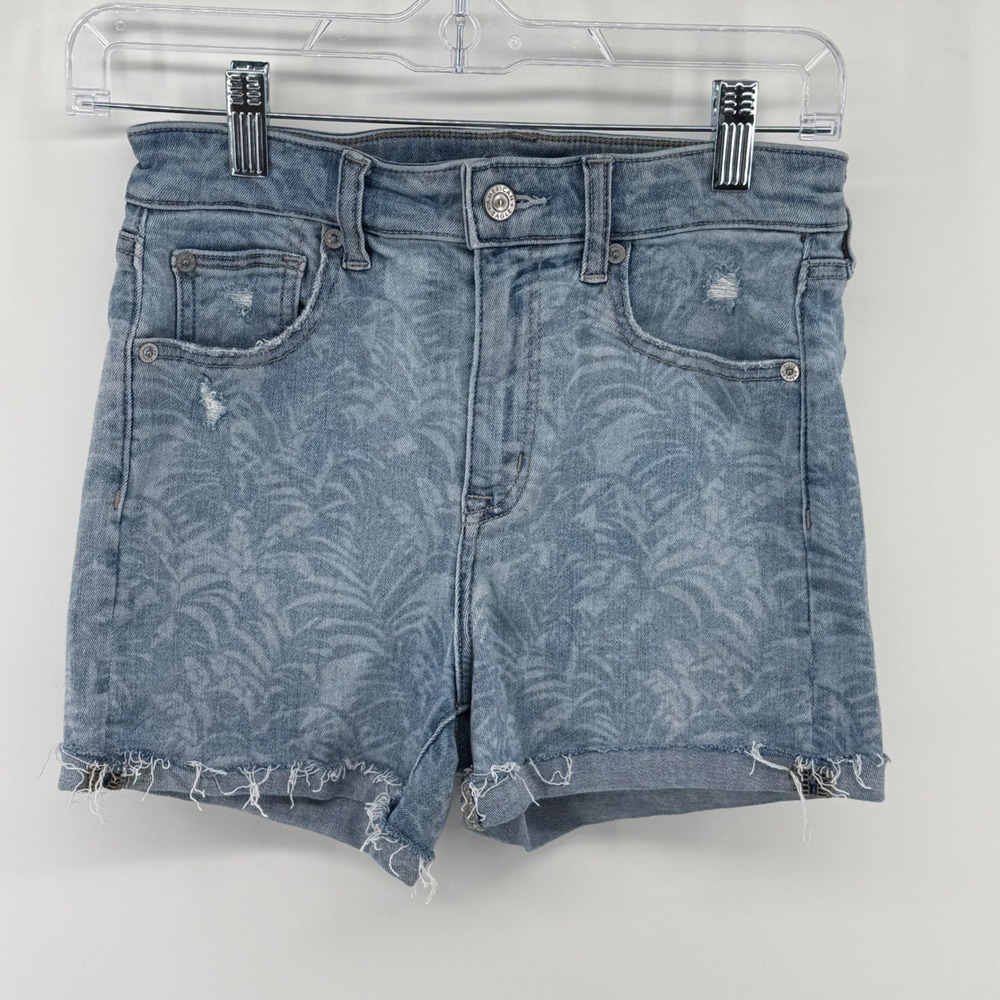 American Eagle Super Hi-Rise Shortie Palm Print Distressed Denim Shorts‎ Size 4